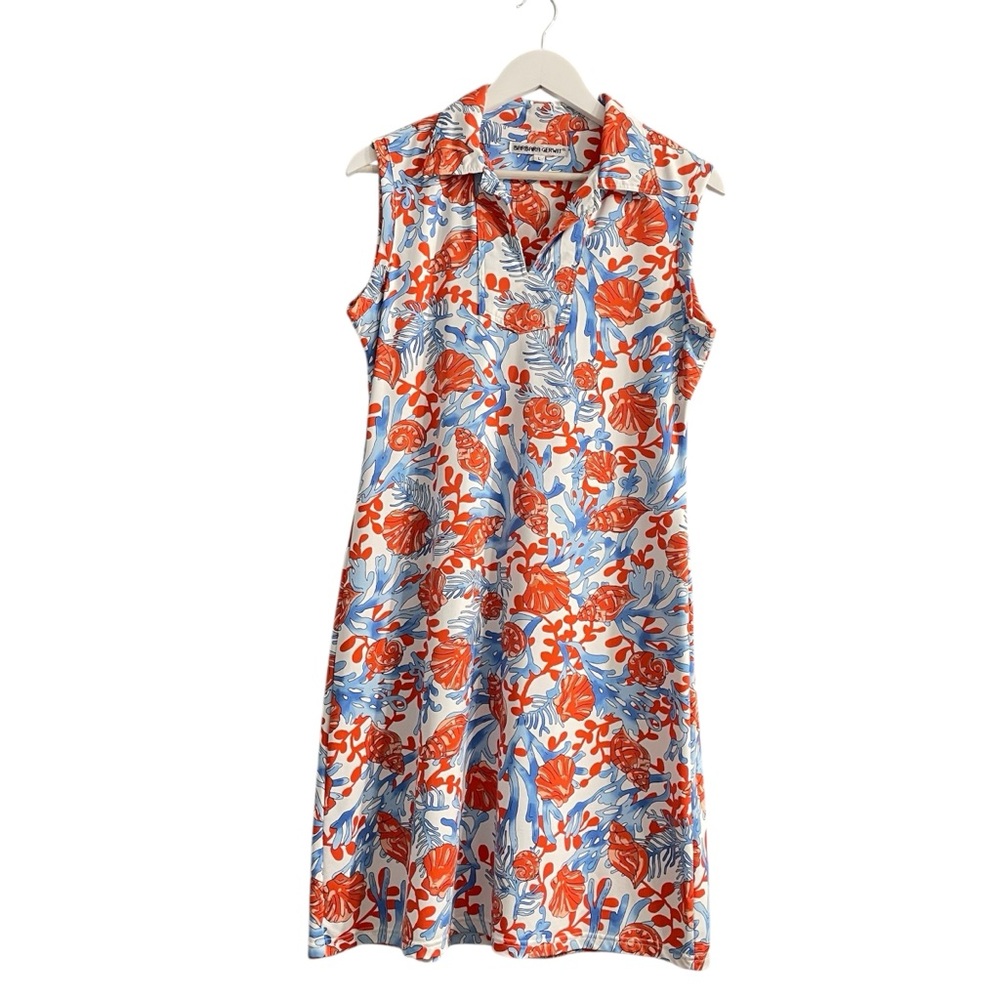 Barbara Gerwit vibrant blue / orange coral shell print sleeveless dress preppy